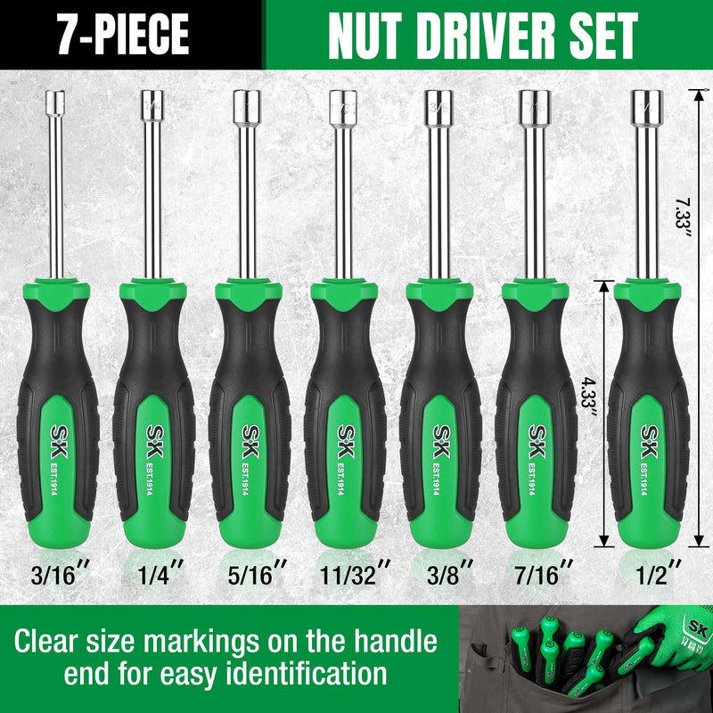 SK 7-Piece SAE Nut Driver Set, 3/16", 1/4", 5/16", 11/32", 3/8", 7/16", 1/2", Premium CR-V Construction, SureGrip Handle