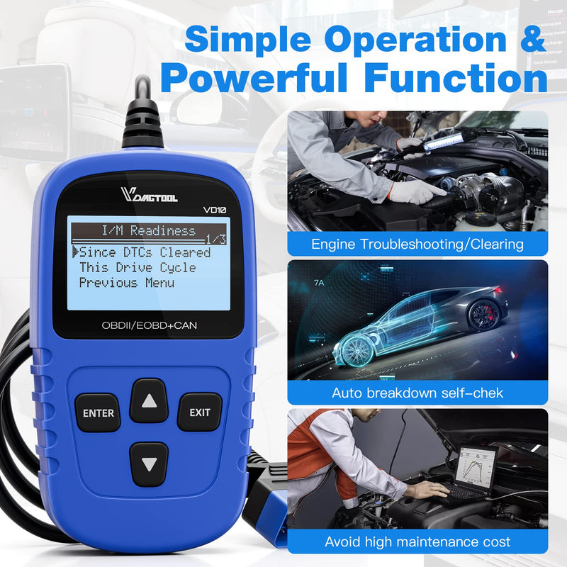 VDIAGTOOL VD10 OBD2 Scanner Code Reader Car Diagnostic Tool Engine Fault Code Reader for Turn Off CEL with Live Data/Freeze Frame/I/M Readiness for All OBDII Protocol Cars, 2024 New Version Blue