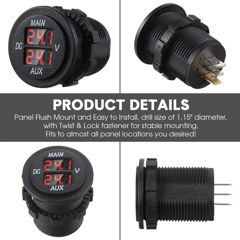 LED Digital Double Voltmeter, Round Panel Voltage Monitor for Car Pickup RV Truck Dual Battery Pack (Red) Red