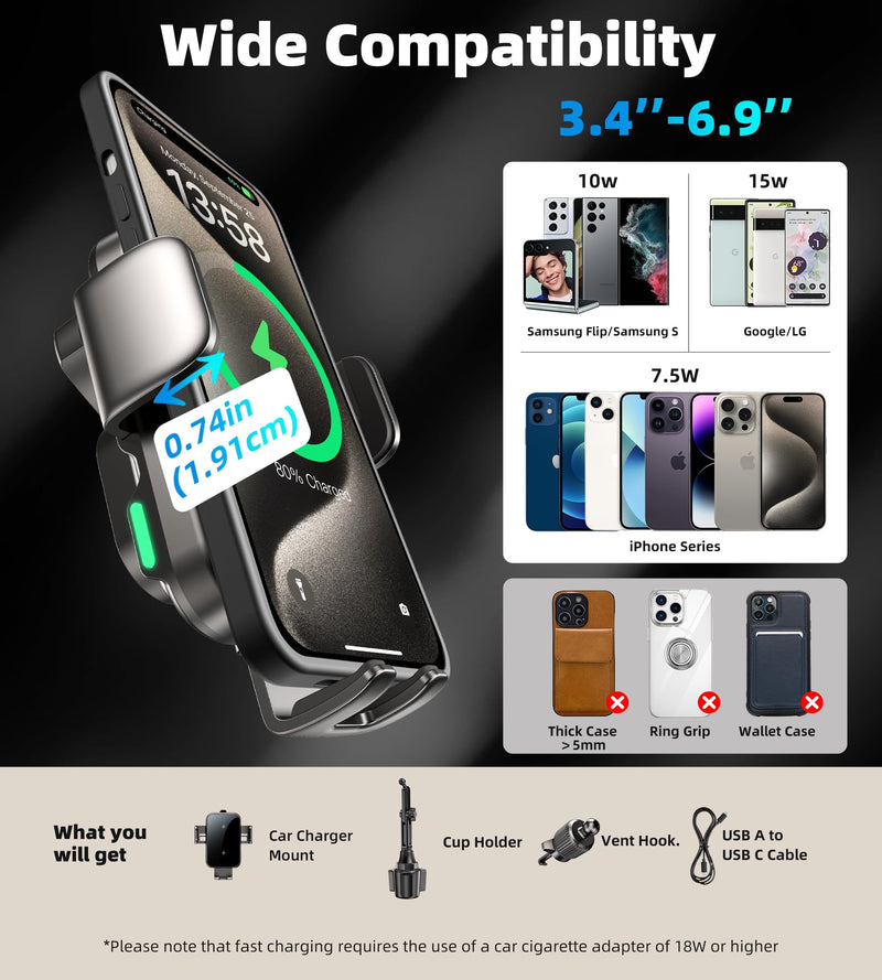 Dual Coil 15W Cup Phone Holder Mount,Wireless Car Charger Auto-Clamping Fast Charging Vent Phone Holders for Your Car for iPhone Series,Samsung Flip S24 S23 S22 Ultra (Grey-Black)
