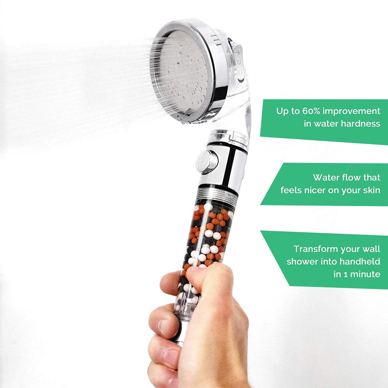 Original StoneStream EcoPower High Pressure Handheld Shower Head with ON OFF switch- 3 Spray Settings with Hose, Wall Adapter and Replacement Beads 4-in-1 Shower Head Kit