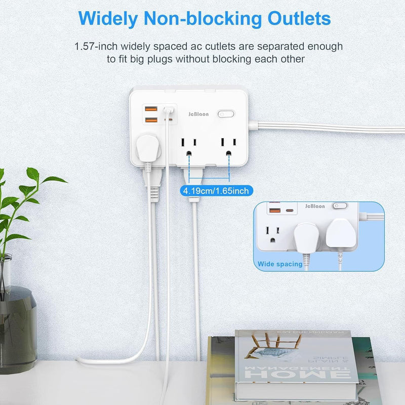 Power Strip Surge Protector, 5 Ft Cord Ultra Thin Flat Extension Cord-6 AC Outlets 4 USB Ports (2 USB C), Travel Power Strip, Desk Charging Station for Home Office, White 5FT
