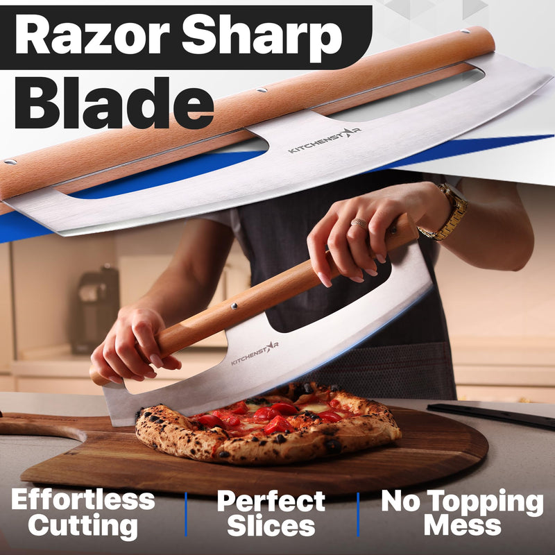 KitchenStar 16-Inch Pizza Cutter Rocker Blade - Razor Sharp Stainless Steel Slicer Knife, Stylish Beech Wood Handle, Protective Cover - Professional Pizza Oven Accessories, Silver 16 inch a) Silver