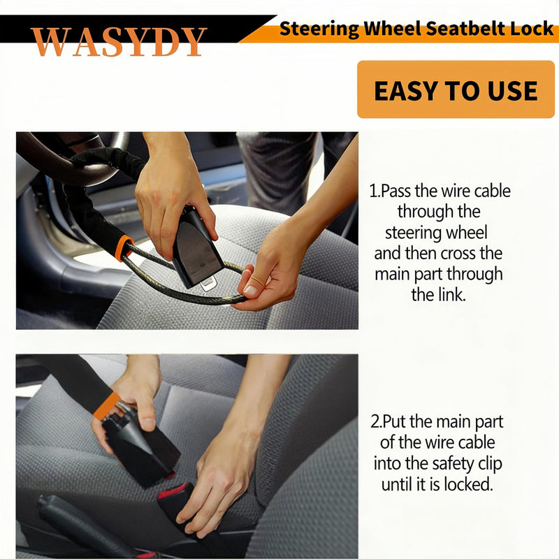 Steering Wheel & Seat Belt Lock, Anti-Theft Device, Great Gift for Father | 2026 upgraded high-strength steel cable, compact & lightweight. Universal fit for cars, SUVs, trucks and golf carts.