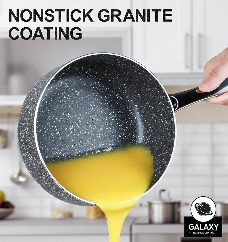 MICHELANGELO Sauce Pan with Lid, 1 Quart Saucepan with Lid Granite, Non Stick Sauce Pan with Stainless Steel Handle, 1 Qt Saucepan with Nonstick Coating, Grey 1 Quarts