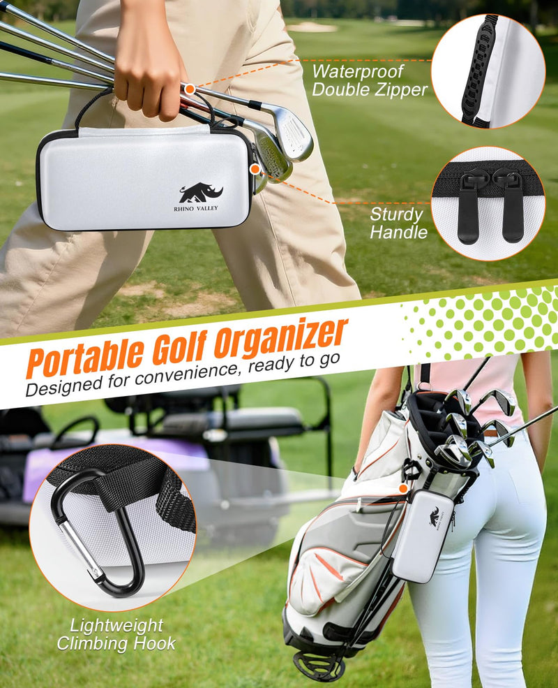 Rhino Valley Golf Glove Holder Case, Golf Accessories Organizer Bag with Glove Shaper for Phone, Gloves, Balls, Tees, Markers, Divot & Repair Tools, Gifts for Golfers Men Women Golf Glove Case- White