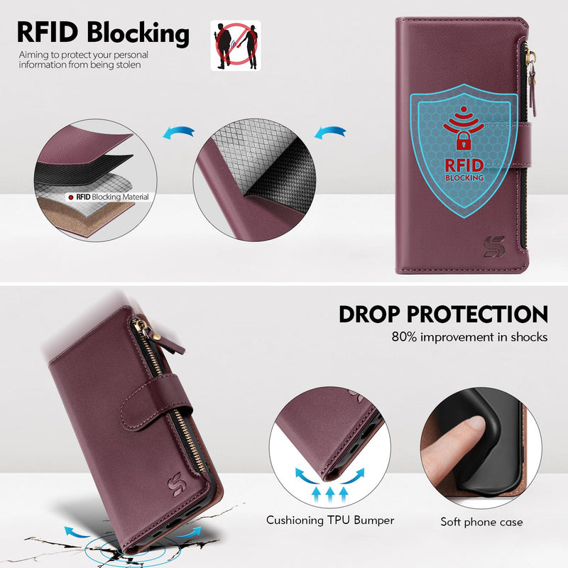 Shieldtop Compatible with Google Pixel 10a Wallet Case with Card Holder,Women Men RFID Blocking PU Leather Phone Case Flip Protective Cover Wrist Strap Zipper Credit Card Slots,Wine Red Pixel 10a - 6.3" Wine Red