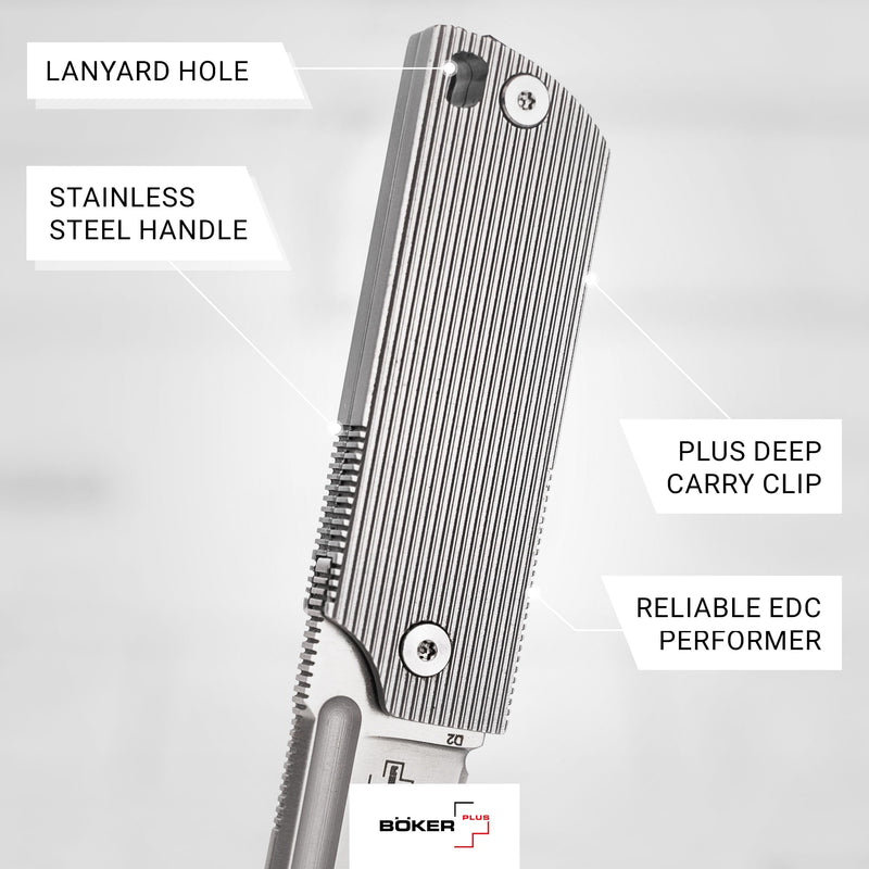 BOKER PLUS BabyX Flipper Steel – Ball-Bearing EDC Mini Pocket Knife with D2 Sheepfoot Blade – Small One-Hand Folding Knife with Stainless Steel Handle and Clip – Pocket Knife in Gift Box