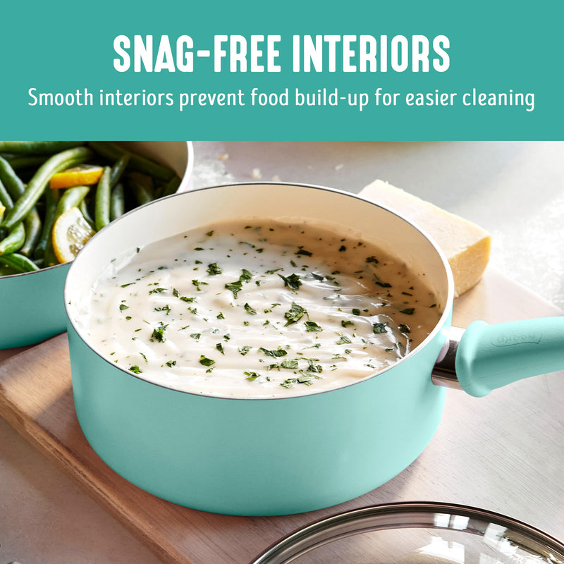 GreenLife 2.5QT Nonstick Saucepan with Glass Lid, Soft Grip, PFAS-Free Ceramic, Multipurpose Chef Pan, Milk & Sauce Cooking Pot, Dishwasher & Oven Safe to 350˚F, Stay-Cool Handle, Turquoise 2.5 Quarts