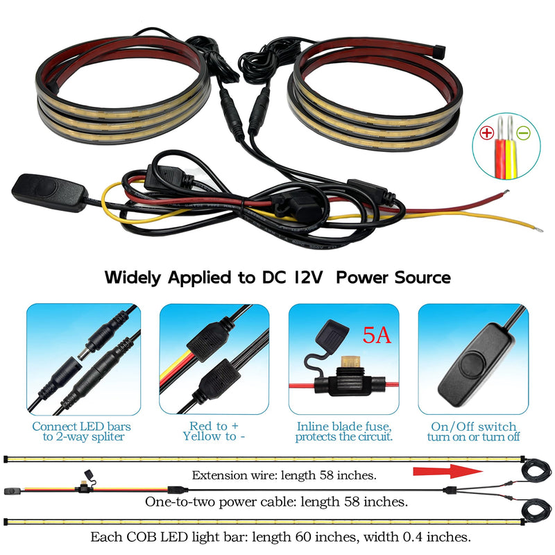 LED Truck Bed Lights, 60 Inches, 2 Pack, COB 1584 LEDs, White 6500K,12V, 30W, IP67, with Switch, 5A Fuse Holder, Easy Install, Ideal for Truck Cargo Lighting, Pickup Truck SUV RV Boat COB-8MM-1584-DC5521(2PCS)