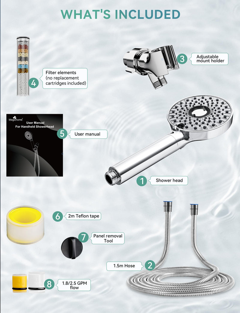 Magichome Filtered Shower Head with Handheld, High Pressure 10-Spd Detachable Chrome Showerhead with Stainless Hose, Water Softener Filter Beads for Hard Water - Remove Chlorine, Reduce Dry Itchy Skin Silver