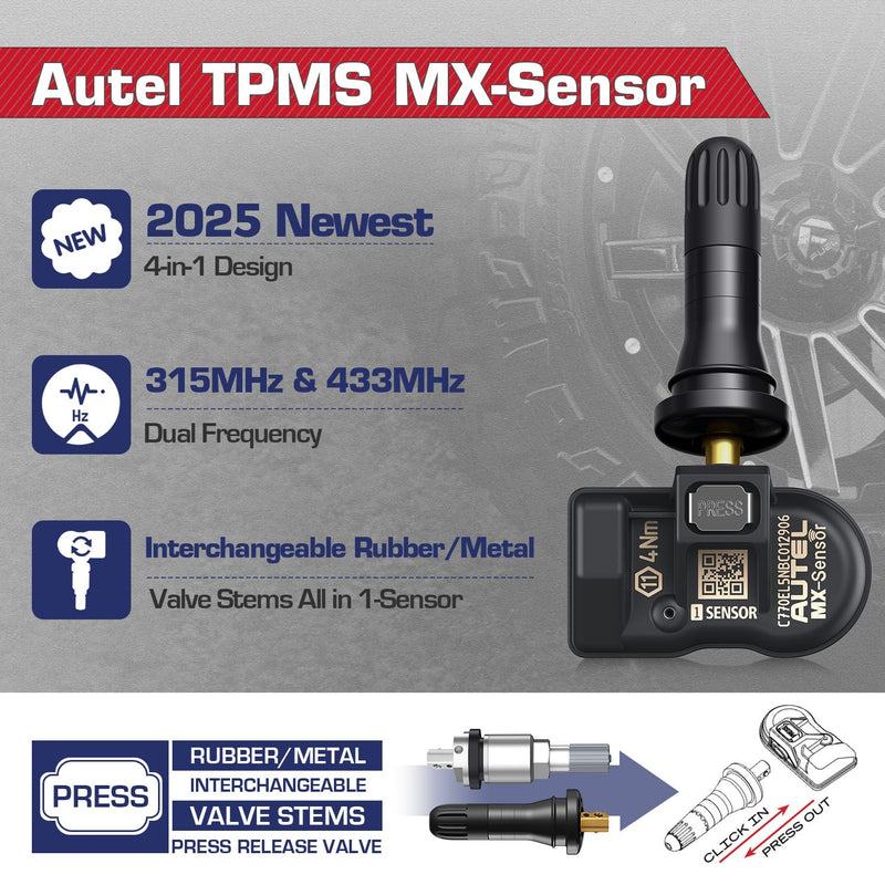 Autel TPMS MX Sensor 315MHz 433MHz Dual Frequency 1-Sensor, OEM Quality Universal Tire Sensors, 100% Programmable with Autel TS408S TS501 TS508 TS508WF MK808S-TS MS906TS (1PCS Press-in Rubber Valve)