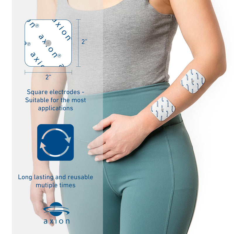 20 axion TENS Unit Electrode Pads 2x2'' - Replacement Pads with 3,75mm Snap Button | Compatible for Compex Muscle Stimulators | Reusable Self-Adhesive TENS/EMS Electrodes