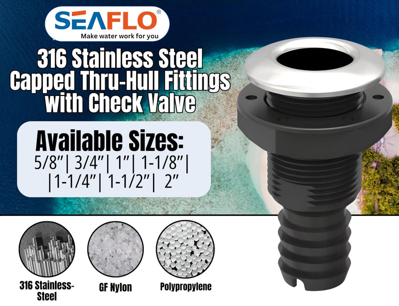 SEAFLO Thru Hulls Fitting Thru-Hull with Check Valve, 5/8”, 3/4”, 1”, 1-1/8”, 1-1/4”, 1-1/2”, or 2” Sizes, White/Black, Polypropylene/Nylon, 4-Year Warranty, (Choose Color, Size, and Pack Size) 1-1/2" 1-pack Stainless-Steel Capped