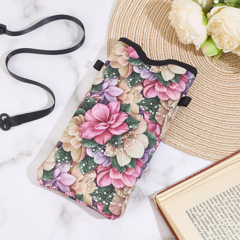NICENEEDED Neoprene Phone Sleeve Pouch, Floral Cell Phone Case Bag with Crossbody Strap Neck Lanyard, 4 x 7.9 Inch Colorful Flower Cell Phone Bag for Women