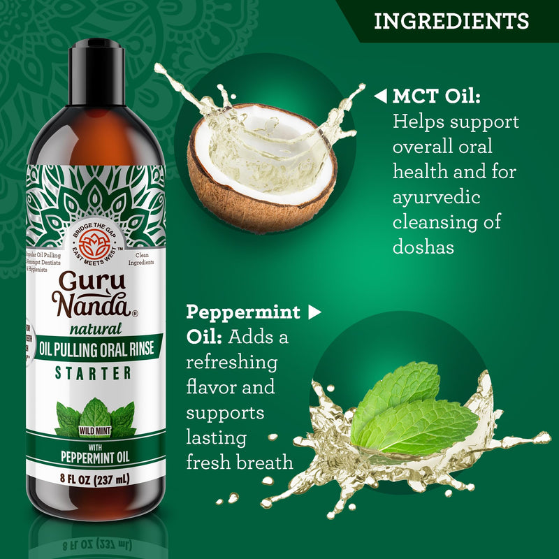 GuruNanda Starter Pulling Oil Mouthwash for Natural Teeth Whitening, Coconut and Peppermint Oil for Fresh Breath & Happy Gums, with Tongue Scraper, Alcohol-Free, 2X8 Oz 8 Fl Oz (Pack of 2)