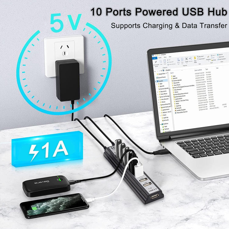 Powered USB Hub 2.0, VIENON 10-Port USB Hub USB Extender Splitter (Support Smart Charging + Faster Data Transfer) with Individual LED Indicator Light for MacBook, PC, Laptop, All-in-One Powered 10-Port