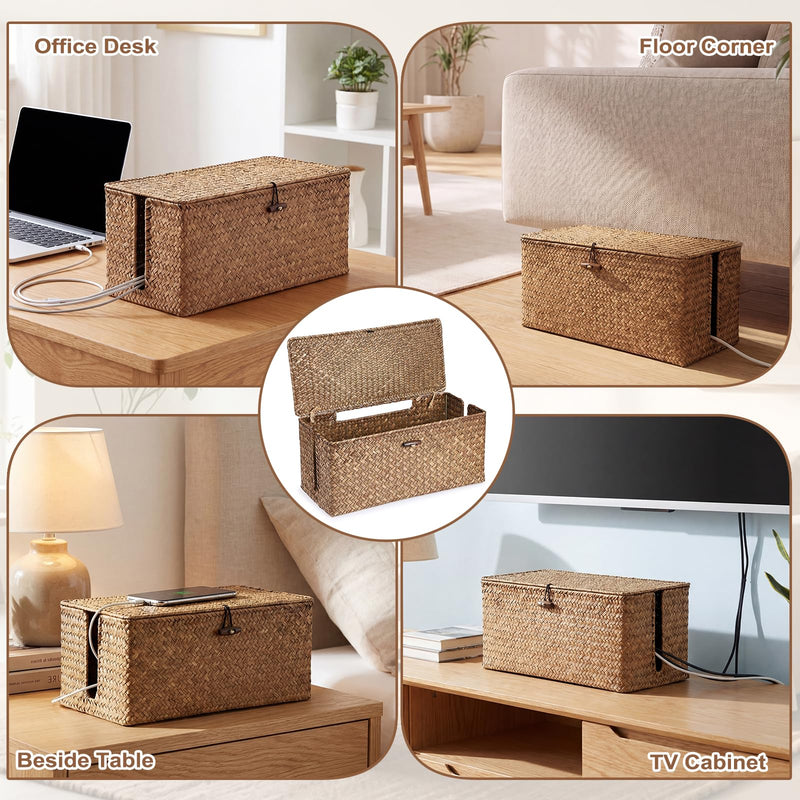 BTSKY Woven Cable Management Box with Lid, Seagrass Cord Organizer with 2 Open Slots for Power Strips & USB Hubs, Under Desk Cord Hider Box for Home Office, Pet Proofing Wire Basket, Large Coffee