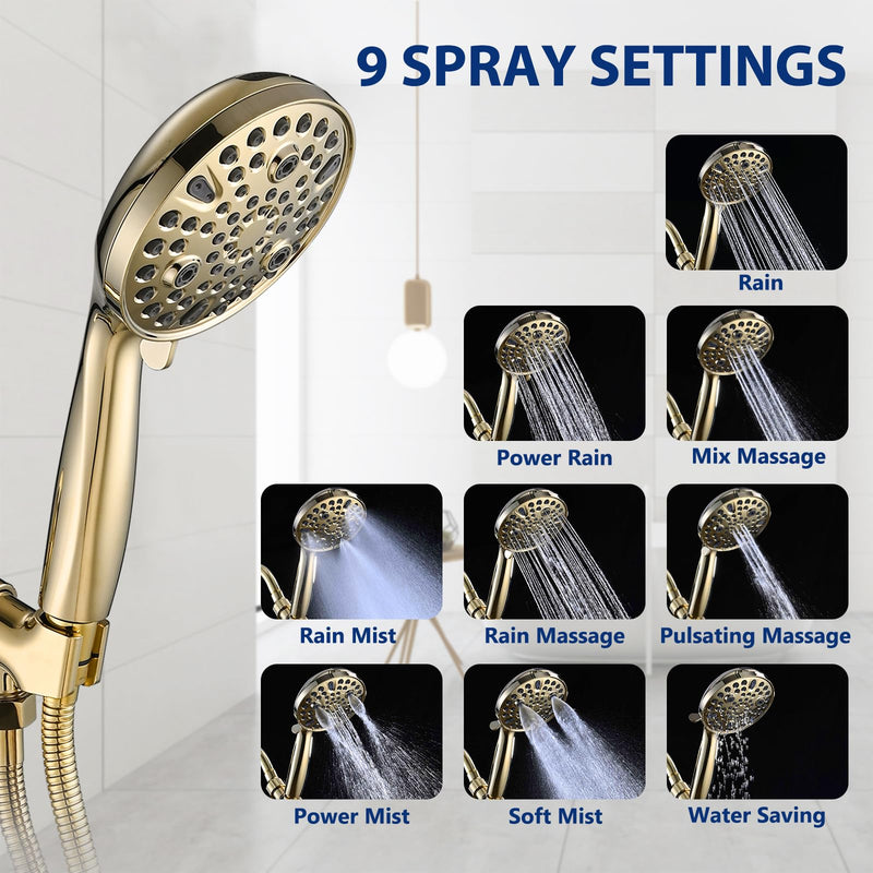 High Pressure 10 Setting Handheld Shower Head, 5" Detachable Showerhead Spray Built-in Power Wash to Clean Tub, Tile & Pets, 79" Extra Long Stainless Steel Hose, Adjustable Bracket - Gold Zirconium Gold