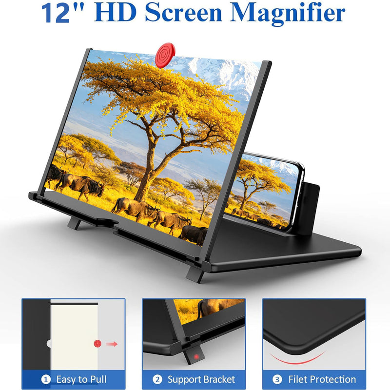 12" Screen Magnifier,3D HD Mobile Phone Magnifier Projector Screen Enlarger for Movies, Videos, and Gaming,Foldable Cell Phone Stand with Screen Amplifier,Supports All Smartphones (Black, 12inch) Black