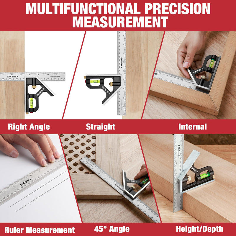 Arrow 7-Inch Aluminum Alloy Carpenter Square and 12-Inch Zinc Alloy Combination Square Set, Woodworking Rafter Layout Ruler Tool Combo