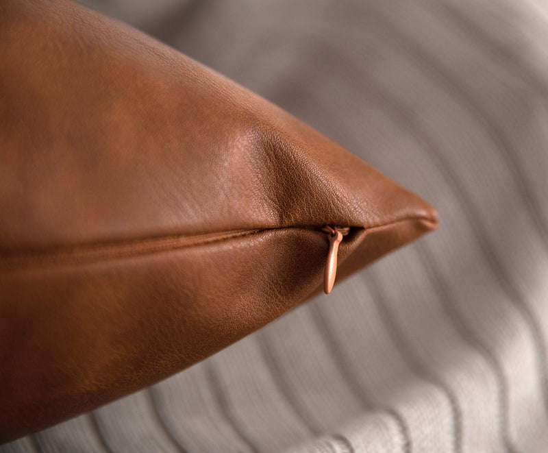 Faux Leather Throw Pillow Covers 16x16 inch, Set of 2 Thick Cognac Brown Modern Boho Farmhouse Decor Small Square Decorative Bedroom Living Room Cushion Cases for Couch Bed Sofa 16" x 16" (Pack of 2)