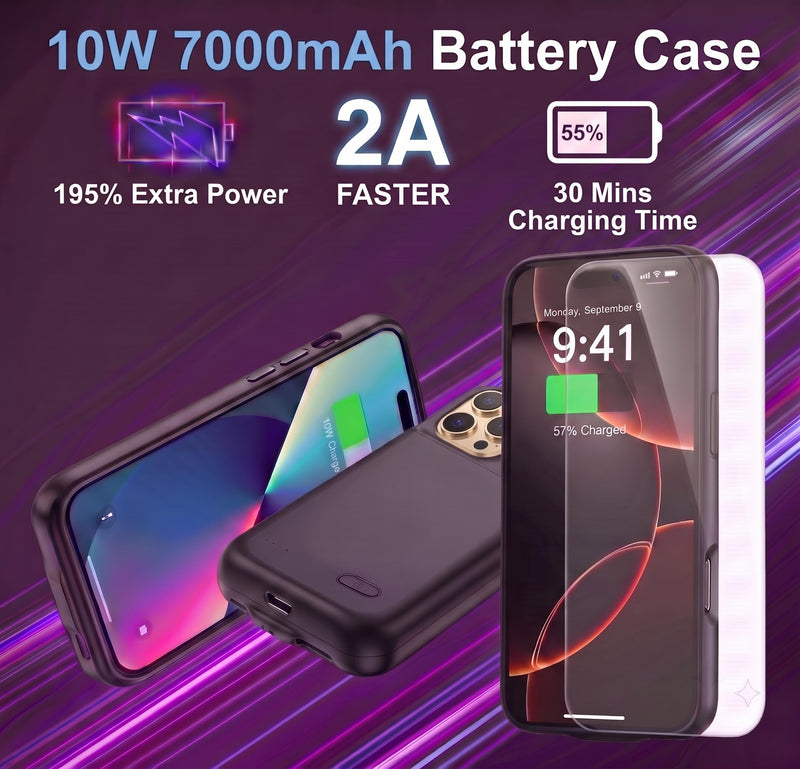 Battery Case for iPhone 16 Pro, Ultra-Slim Travel Portable Charging Case, 2026 Upgrade 7000 mAh Extended Battery Life, Premium Materials Rechargeable Charger Case Black