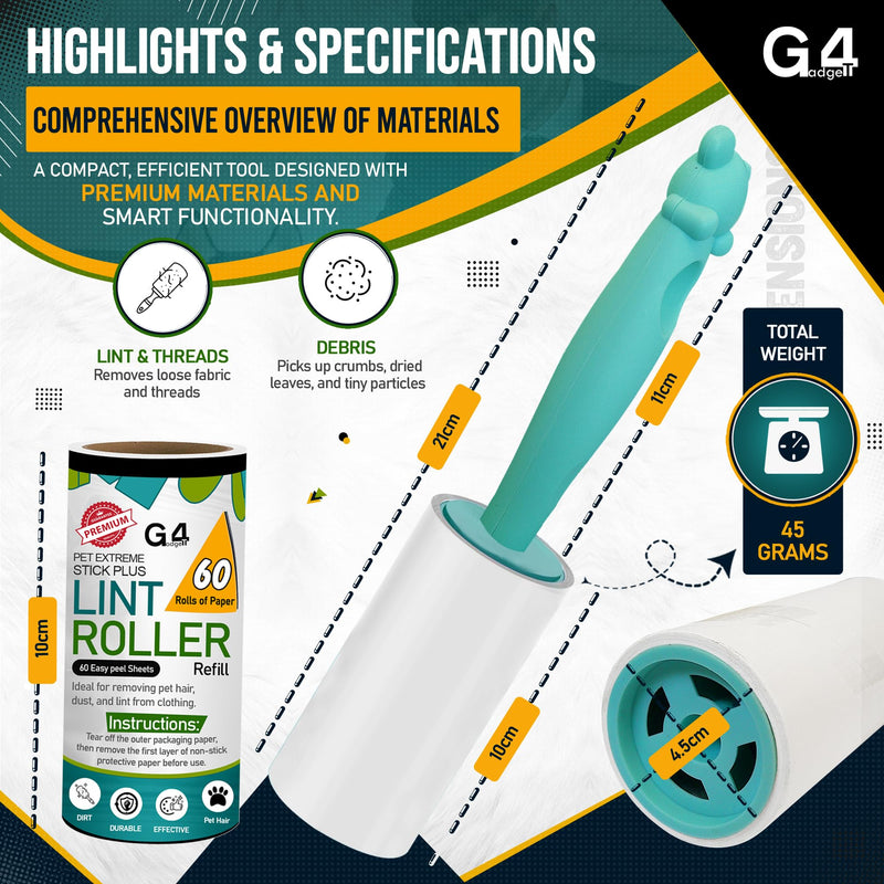 G4GADGET Lint Roller for Pet Hair – 7 Refills (420 Sheets) with 1 Handle – Extra Sticky Lint Remover for Clothes, Furniture, Carpet – Cat & Dog Hair, Dust & Fluff Cleaner