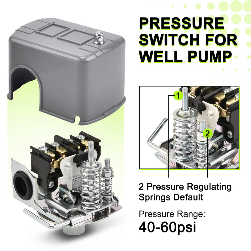 FLUENTPOWER Water Pressure Switch 40-60 PSI, Well Pump Control Air-Pump Switch with 1/4" Female NPT, Low Pressure Cut-Off Switch, Adjustable Differential Double Spring Pole