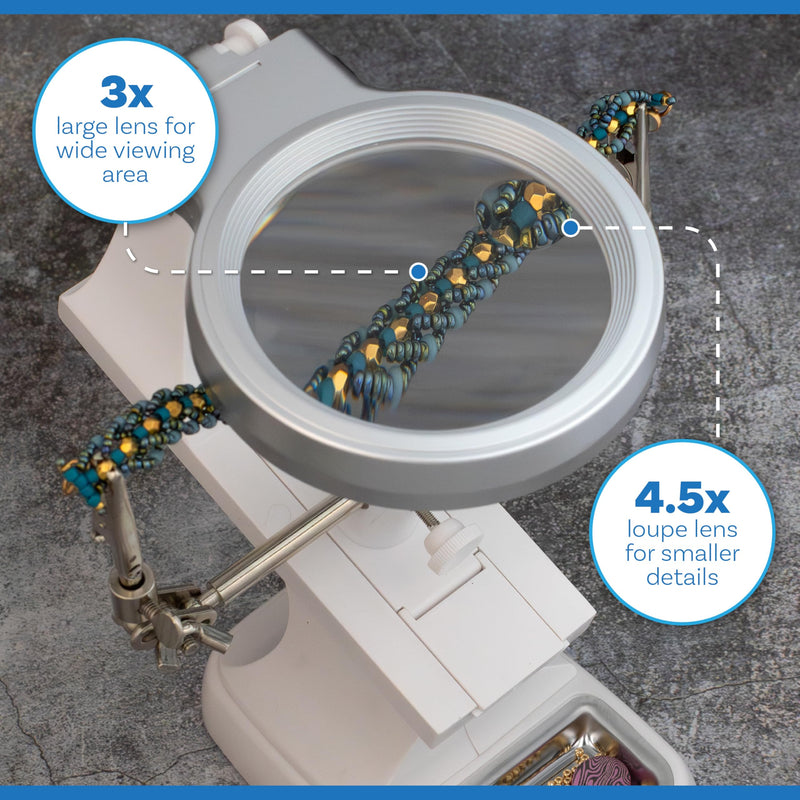 The Beadsmith Third Hand Magnifier – 3.0X Lens w/ 4.5X Inset Lens, 10 LED Lights, Fully Adjustable, Includes Alligator Clips, Tool Holder, & Removable Metal Tray