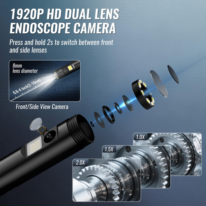 WORKPRO 4.3-Inch Rechargeable Industrial Endoscope Camera, IP67 Waterproof 1920P HD Dual Lens Borescope with 9 Adjustable LEDs, Inspection Camera with 16.4 ft Semi Rigid Cable