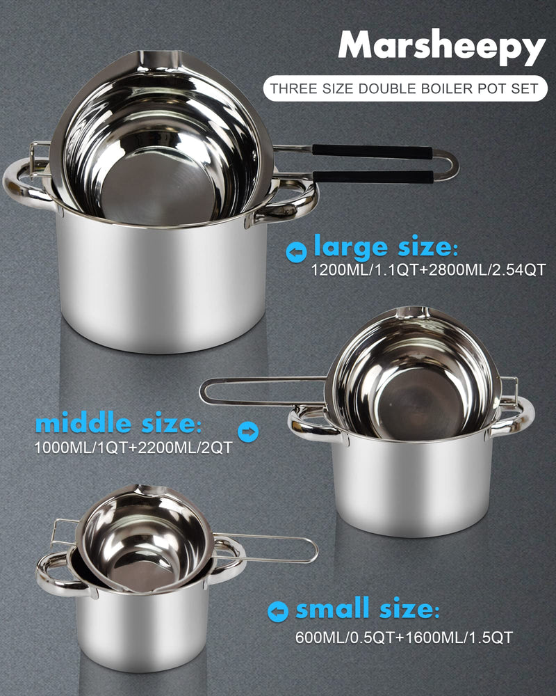 Double Boiler Pot Set,1200ML Double Boiler for Chocolate Melting, 2800ML 304 Stainless Steel Pot With Silicone Spatula for Melting Chocolate, Candy, Candle, Soap, Wax 1200ml+2800ml