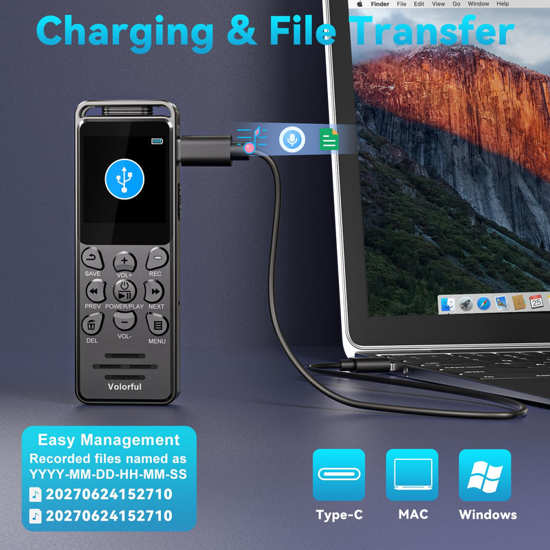 Digital Voice Recorder with Playback, Volorful 80H HD Recording Device | External Microphone, AI Noise Reduction, One Touch Recording/Lock, Voice Activated, Password, Lecture Meeting Interview Class 32.0 GB