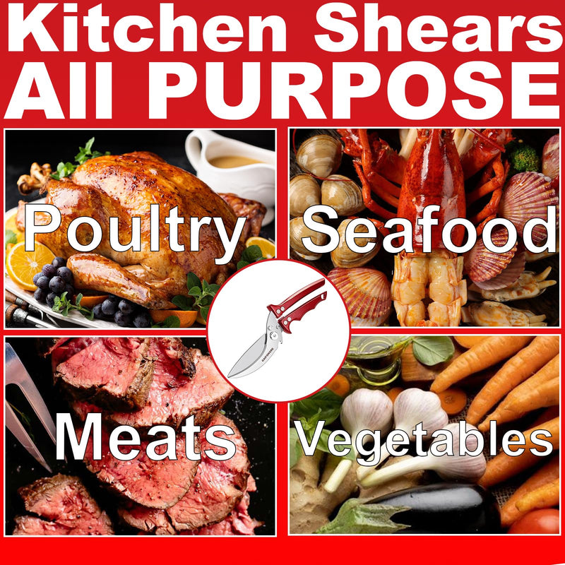 Poultry Shears Heavy Duty,Kitchen Shears for food Heavy Duty,Kitchen Scissors All Purpose,Chicken Shears,Fish,Meat,Easily Separable for Thorough Cleaning,Dishwasher Safe (Red) Red