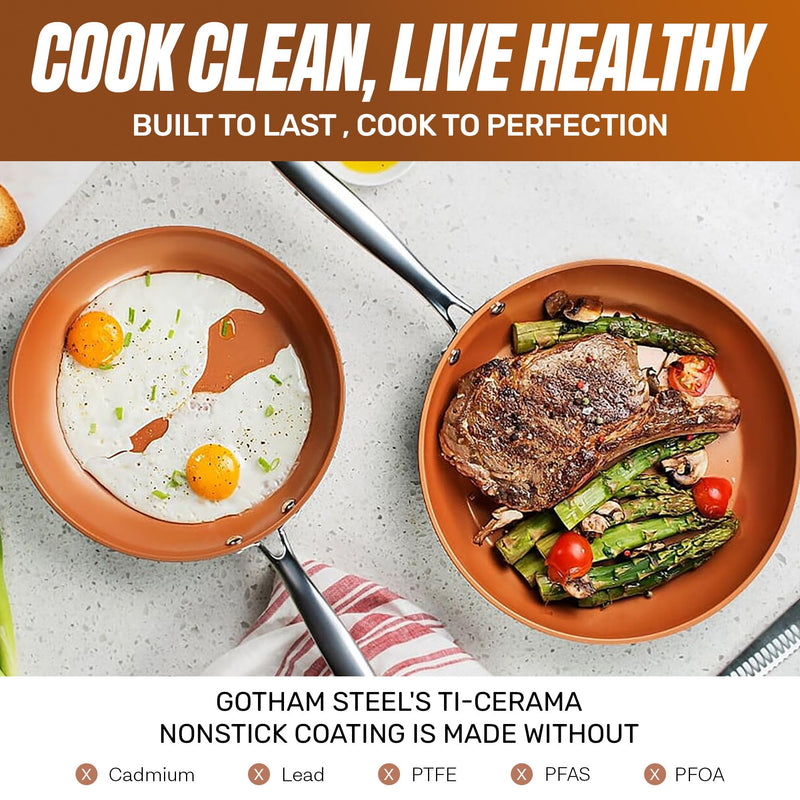 Gotham Steel 12.5 Large Frying Pans Nonstick, Family Sized Non Stick Frying Pan with Ceramic Copper Coating, Stay Cool Handle, Non Toxic, Dishwasher and Oven Safe