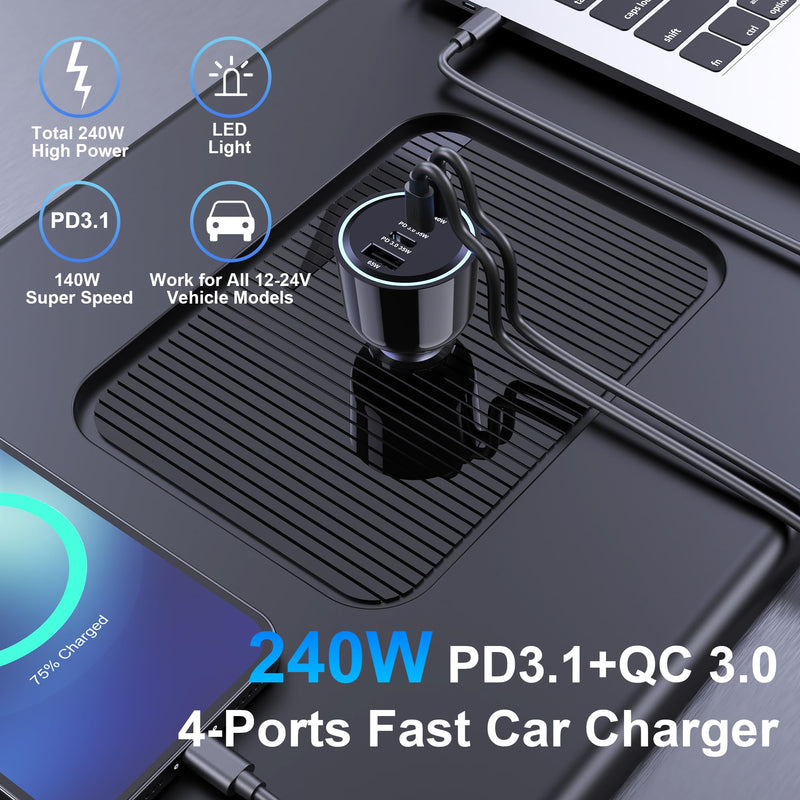 240W USB C Car Charger, Super Fast Charging 4-Ports PD3.1 140W/PD3.0 100W PPS 45W QC65W Type-C Car Adapter for MacBook Pro Laptop iPhone 16 15 Max iPad Samsung Galaxy S24/23 Pixel etc