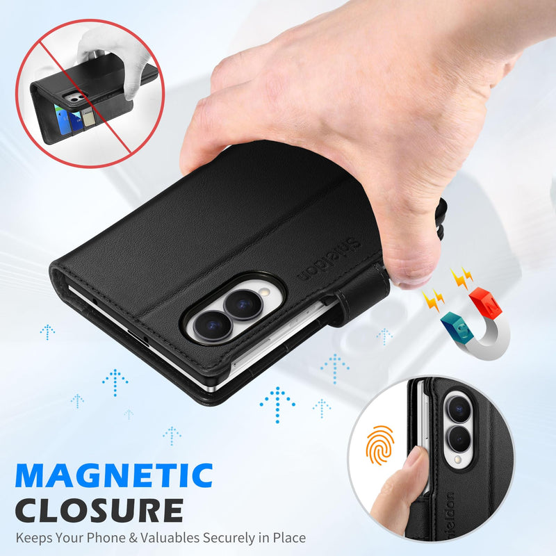 SHIELDON Genuine Leather Wallet Case for Galaxy Z Fold 8 (7.6" 2026), Black | Magnetic Closure, RFID Blocking, Credit Card Holder, Kickstand, Folio Design, Full Protection, Shockproof Phone Cover