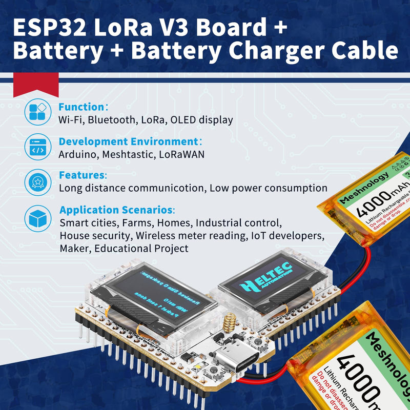 ESP32 LoRa V3 Development Board + 4000mAh Battery + USB Charger Cable Set - with 915MHz Antenna WiFi Bluetooth and SX1262 LoRa V3 Devices for Meshtastic Arduino LoRawan IOT Maker 1 Set (Board+4000mah battery+USB)