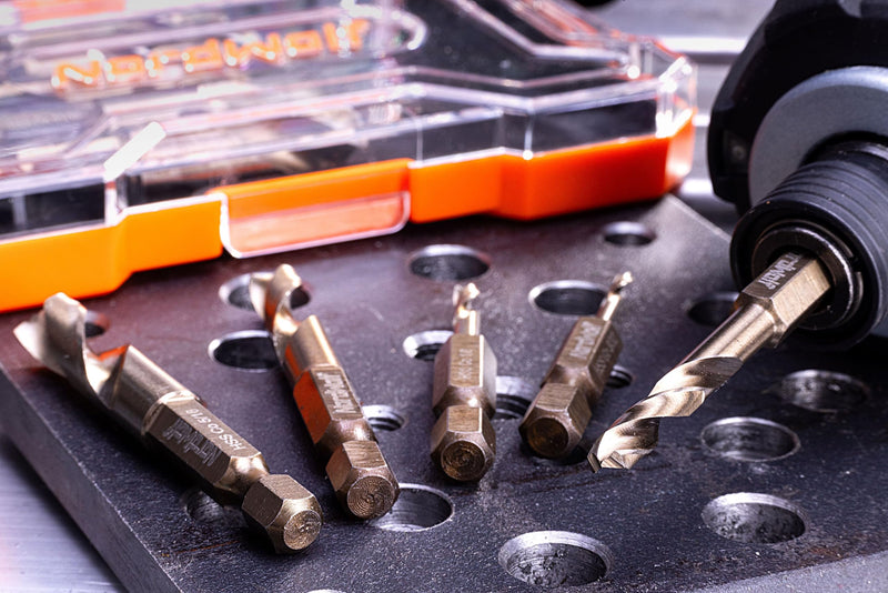 NordWolf 5-Piece M35 Cobalt Stubby Drill Bit Set for Stainless Steel & Hard Metals, with 1/4" Hex Shank for Quick Chucks & Impact Drivers, SAE Sizes 5/32"-13/64"-9/32"-11/32"-3/8" in Storage Box 5/32" to 3/8" (5 Pcs)