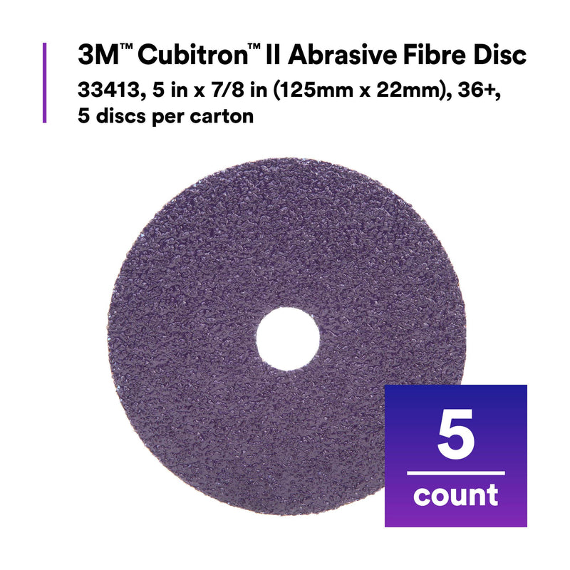 3M Cubitron II Abrasive Fibre Disc, 33413, 5 in x 7/8 in, 36+ Grit, 5 Pack, High Performance, Fast Cutting, Long Lasting Very Coarse