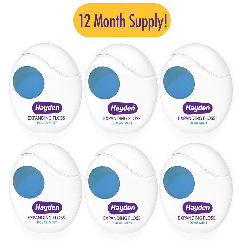 Hayden Expanding Dental Floss. Expands To Clean Between Tight Teeth. 6 Pack Value. Fresh Feeling Polar Mint Woven Floss. Anti Tartar Actives for Gentle Care. 180 Yards. Expandable Clean. PFA Free.