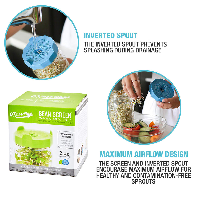 Masontops Bean Screen Sprouts Growing Kit - Sprouting Lids & Sprout Mixes Microgreens Growing Kit - Sprouting Kit Wide Mouth Mason Jar Strainer Lid Bean Screens Kit (2 Screens, 2 Seed Mixes)