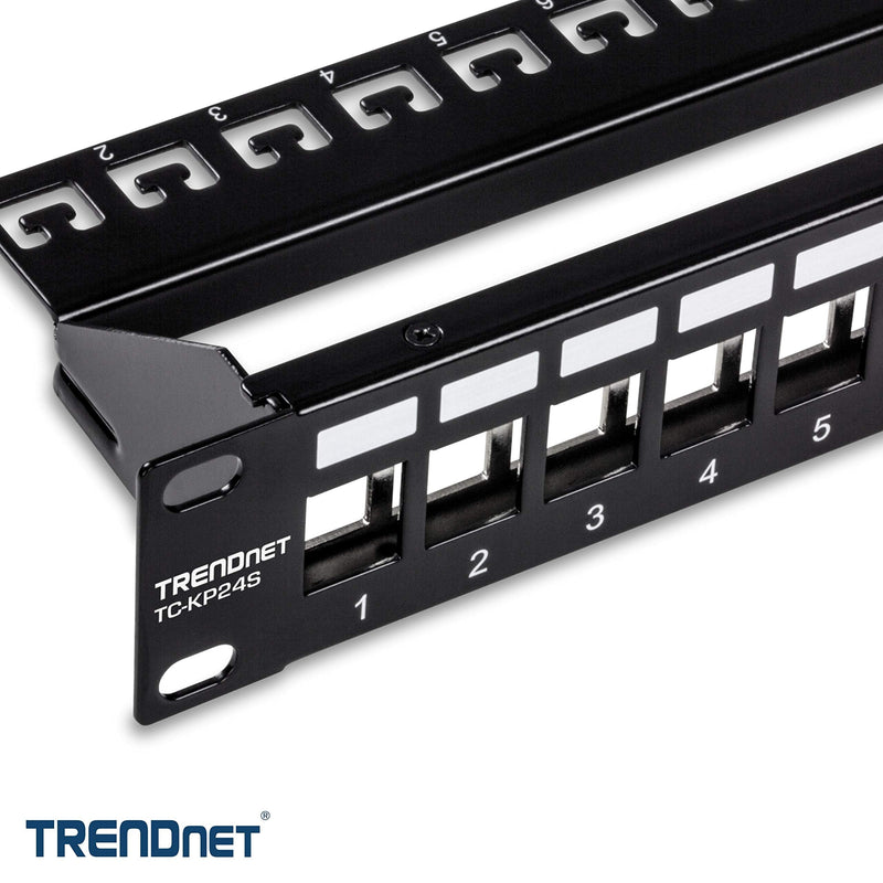 TRENDnet 24-Port Blank Keystone Shielded 1U Patch Panel, 1U 19" Rackmount Housing, Protects Against EMI/RFI Noise, Recommended with TC-K06C6A Cat6A Keystone Jacks (Sold Separately), Black, TC-KP24S 24-Port Shielded Blank Keystone