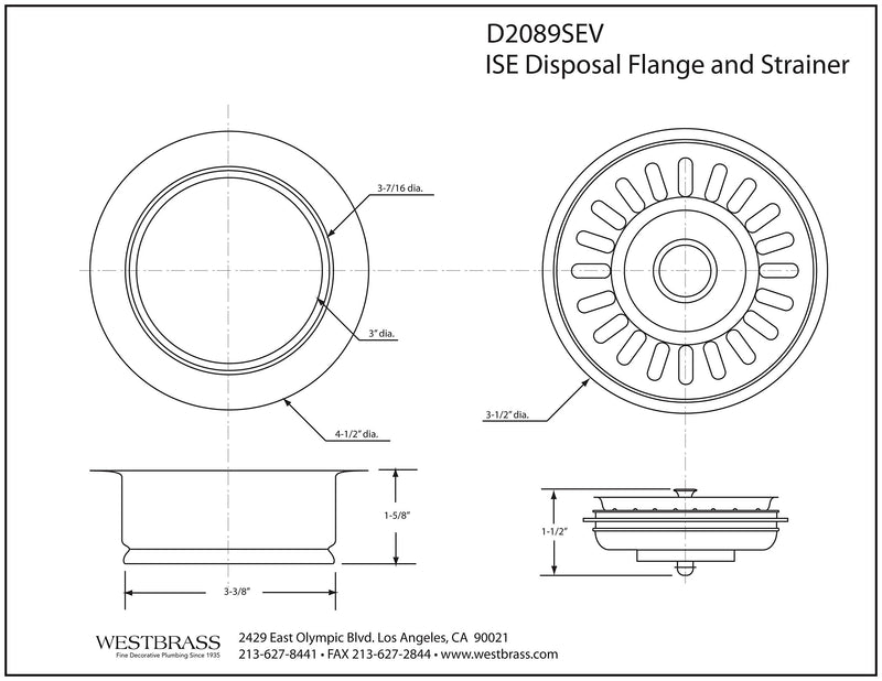 Westbrass D2089SEV-05 3-1/2" Kitchen Sink Waste Disposal Drain Flange and Basket Strainer, Polished Nickel