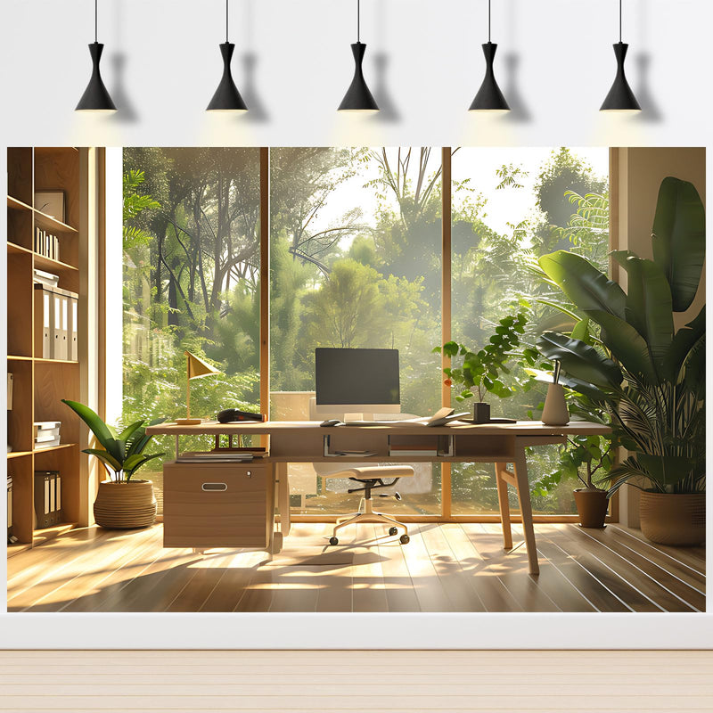 Office Background for Video Conference Modern Cozy Home Office Space Work Place Backdrop Sunlight Indoor Plants Tranquil Work Environment for Live Video Zoom Calls Studio Props Decor 10x8ft Warm Green