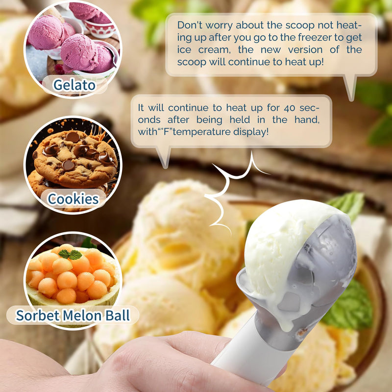 Heated Ice Cream Scoop Rechargeable, Electric Warming Ice Cream Scooper with LED Display, Heats to 158°F for Hard Ice Cream, Easy for Seniors & Kids, IP67 Waterproof (White, 2 oz) White
