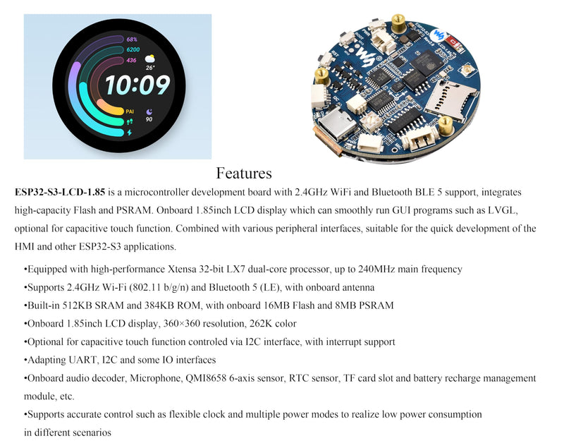 ESP32-S3 1.85inch Round Display Development Board, 360×360 IPS LCD, Dual-Core Processor Up to 240MHz, Audio Codec, Support Offline Speech Recognition and AI Speech Interaction, with 8Ω 2W Speaker