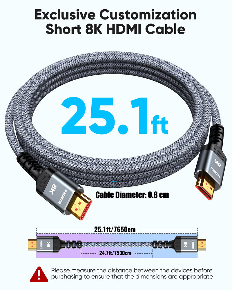 Highwings Long 8K HDMI Cable 25FT 48Gbps, 2.1 High Speed Gaming Cord 4K@120Hz 8K@60Hz RTX 3090 eARC 3D Compatible for PS5, UHD TV and Blu-ray Player 25 feet Grey