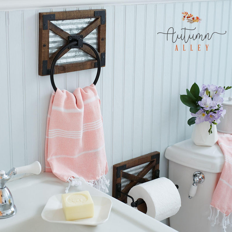 Autumn Alley Rustic Farmhouse Toilet Paper Holder and Towel Ring Rack Set, Wall Mount Farmhouse Wooden Toilet Paper Holder and Bathroom Hand Towel Holder- Farmhouse Bathroom Accessories Set
