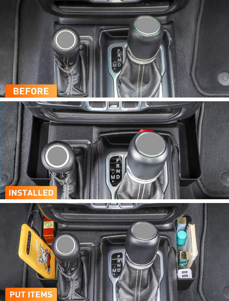Savadicar GT-2 Shifter Storage Box, Gear Shift Console Side Tray Organizer Compatible with 2018-2025 Jeep Wrangler JL JLU 4XE & Gladiator JT, Interior Storage Accessories, Black, 1 PC Standard No Pattern
